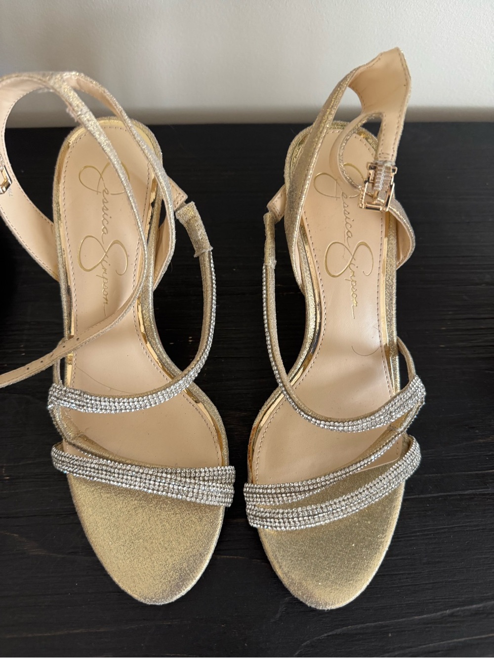Jessica Simpson Metallic Gold Rhinestone Strappy Heels